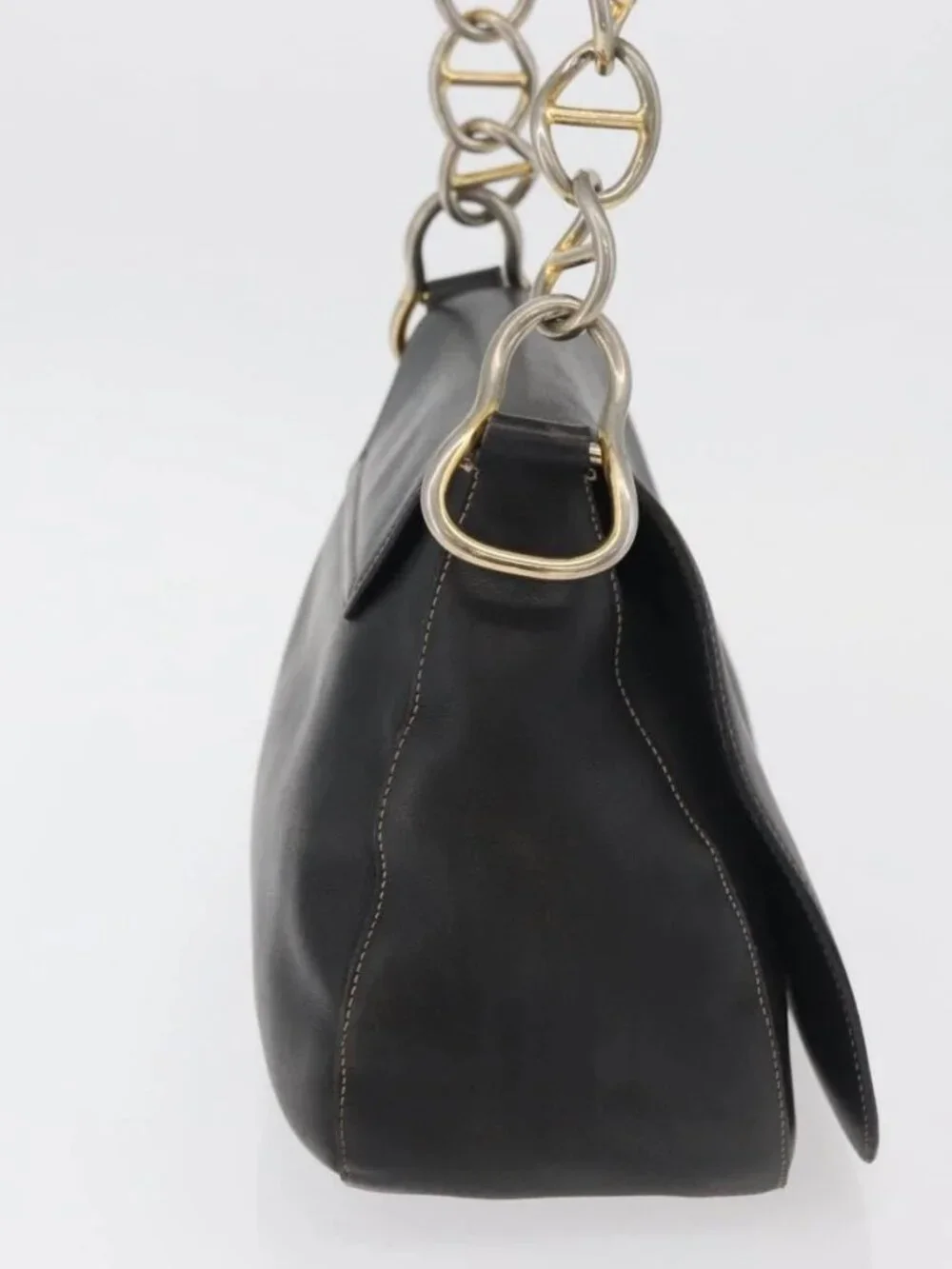 PRADA Chain Shoulder Bag Leather Black Gold Auth mr2300